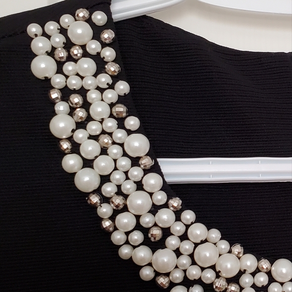 Forever 21 black stretch knit shift dress pearl metallic collar Small Audrey - Picture 11 of 12